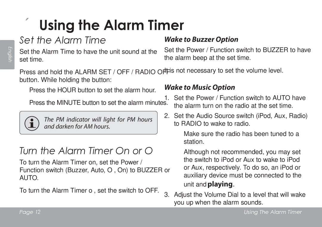 COBY electronic CSMP120 ÂÂUsing the Alarm Timer, Set the Alarm Time, Turn the Alarm Timer On or Off, Wake to Buzzer Option 