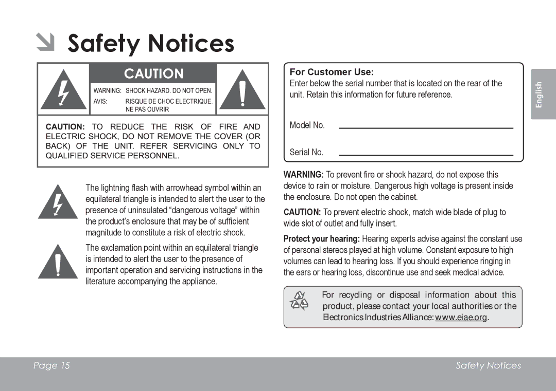 COBY electronic CSMP120 instruction manual ÂÂSafety Notices, For Customer Use 