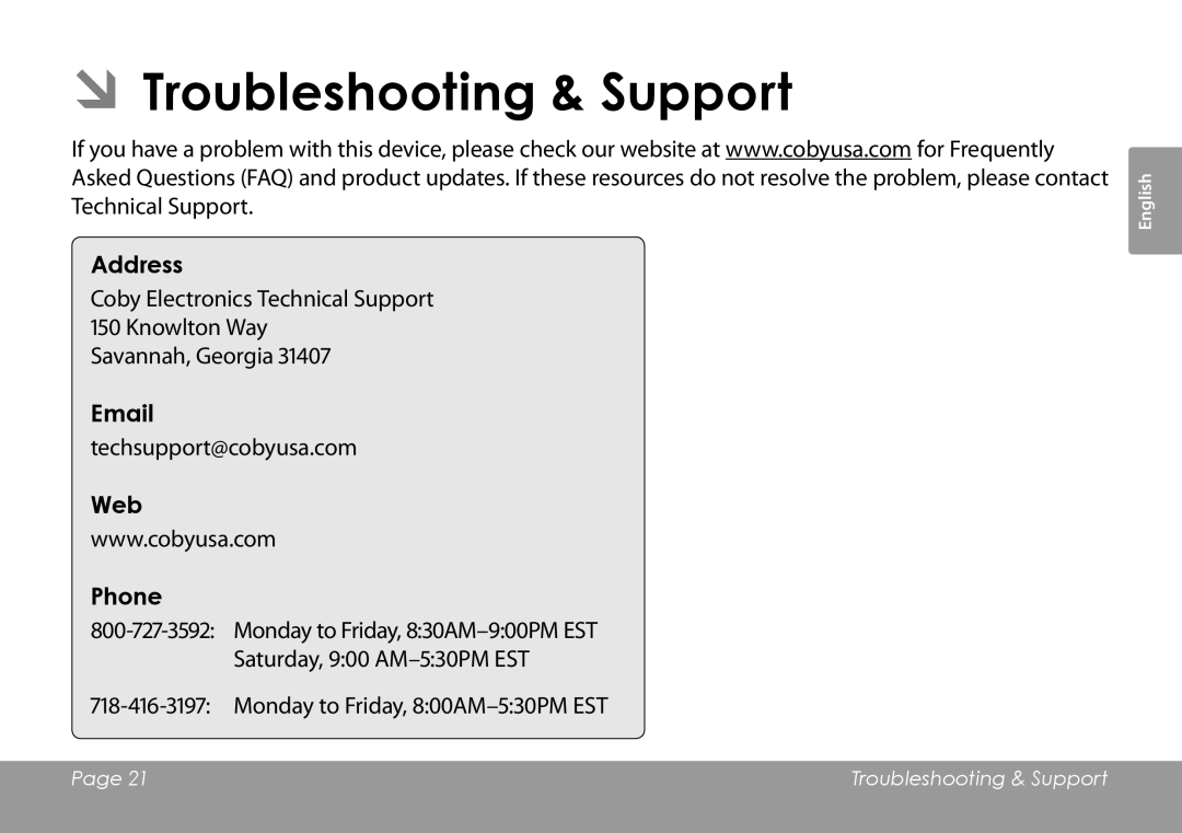 COBY electronic CSMP120 instruction manual ÂÂTroubleshooting & Support, Address, Web Phone 