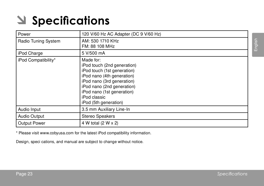 COBY electronic CSMP120 instruction manual ÂÂSpecifications, IPod Compatibility 