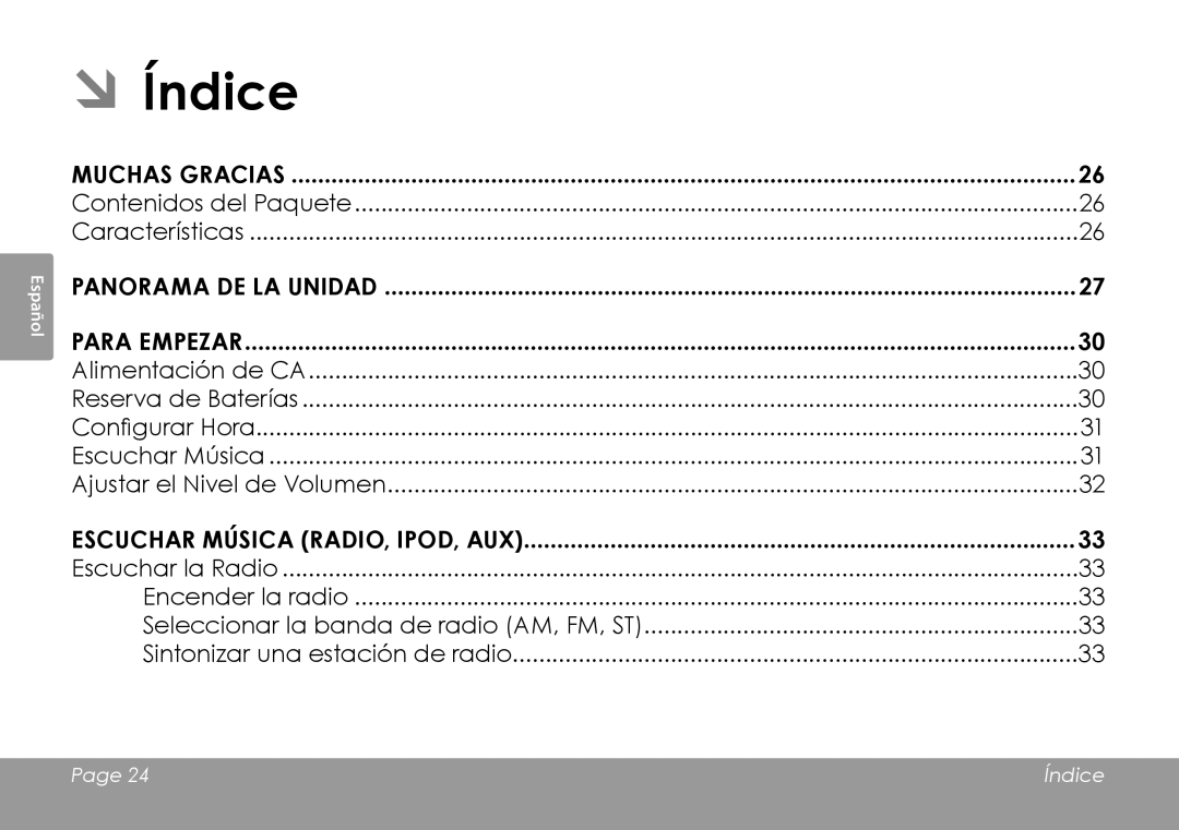 COBY electronic CSMP120 ÂÂÍndice, Muchas Gracias, Panorama de la Unidad Para Empezar, Escuchar Música Radio, iPod, Aux 