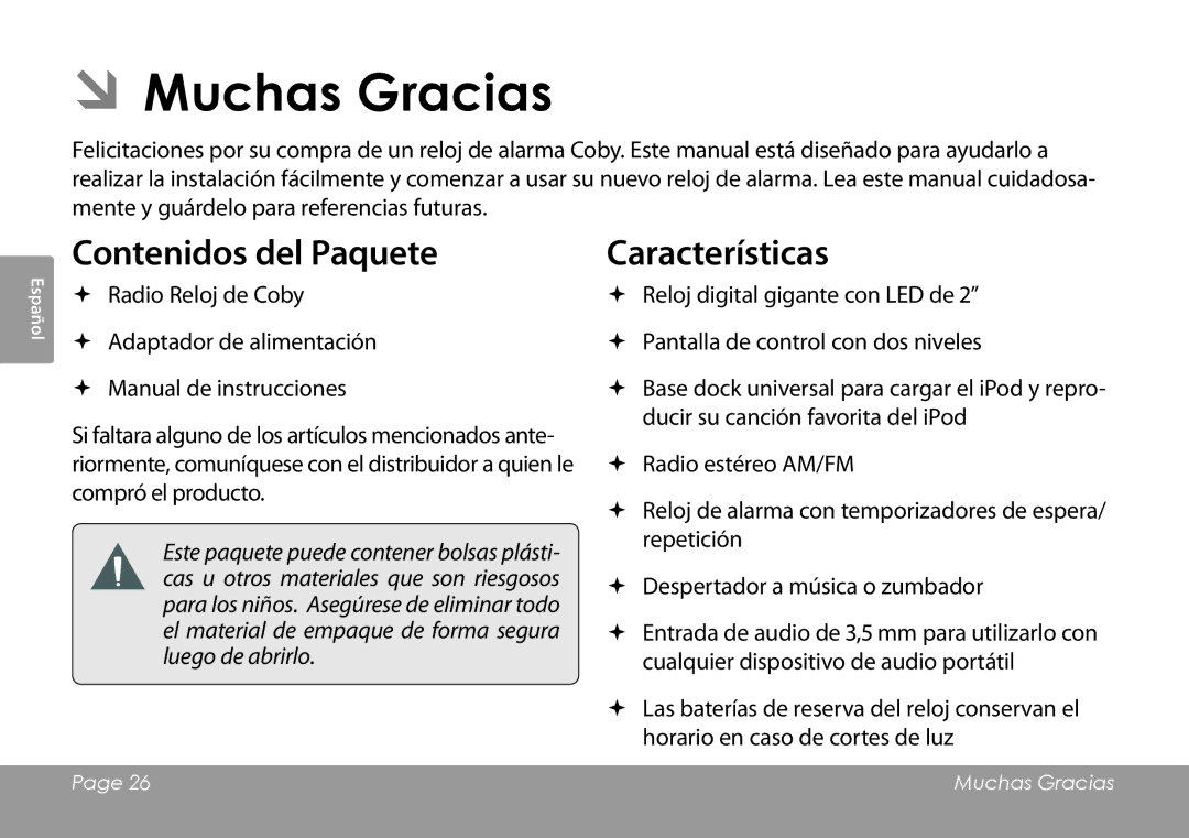 COBY electronic CSMP120 instruction manual ÂÂMuchas Gracias, Contenidos del Paquete, Características 