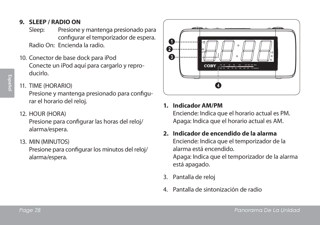 COBY electronic CSMP120 instruction manual Indicador AM/PM 