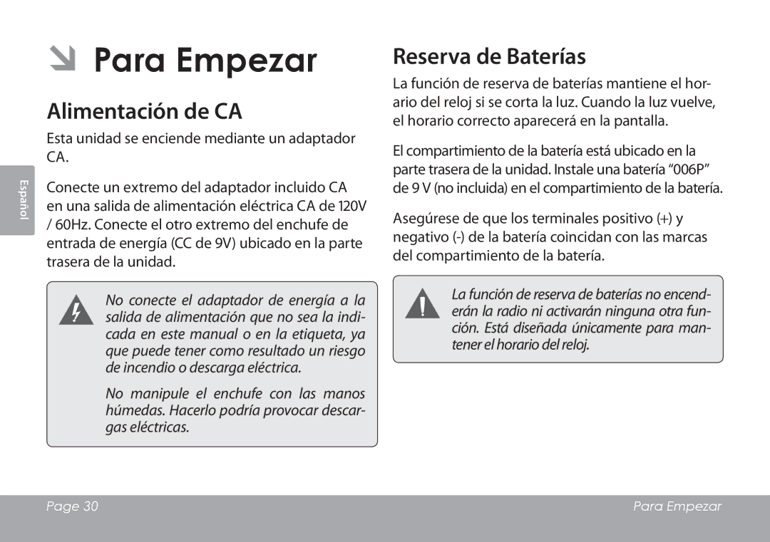 COBY electronic CSMP120 instruction manual ÂÂPara Empezar, Alimentación de CA, Reserva de Baterías 