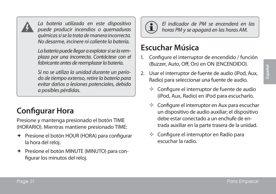 COBY electronic CSMP120 instruction manual Configurar Hora, Escuchar Música 