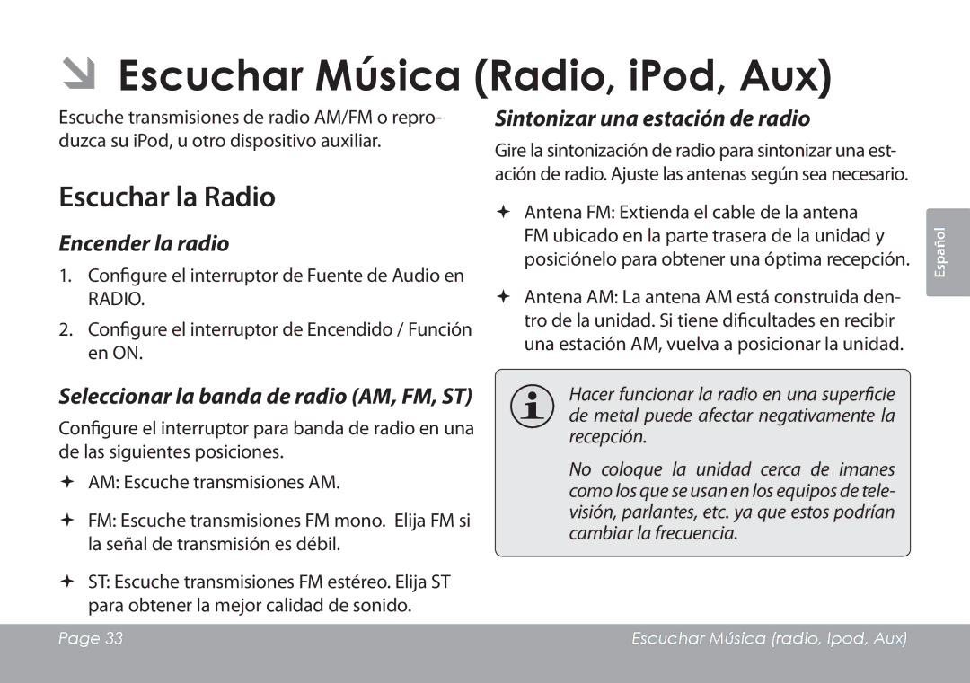 COBY electronic CSMP120 instruction manual ÂÂEscuchar Música Radio, iPod, Aux, Escuchar la Radio, Encender la radio 