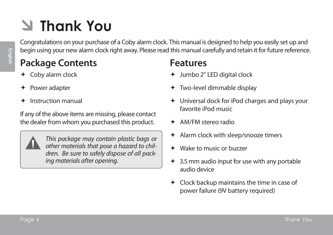 COBY electronic CSMP120 instruction manual Package Contents, Features 