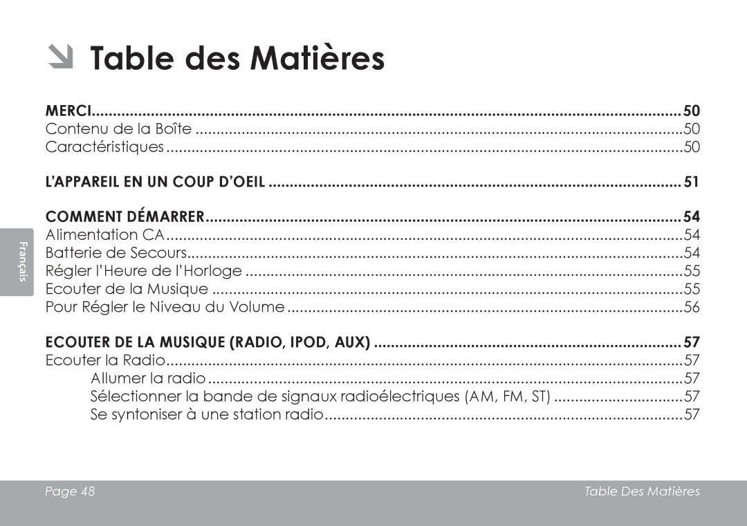 COBY electronic CSMP120 instruction manual ÂÂTable des Matières, Merci, ’Appareil en un Coup d’Oeil Comment Démarrer 