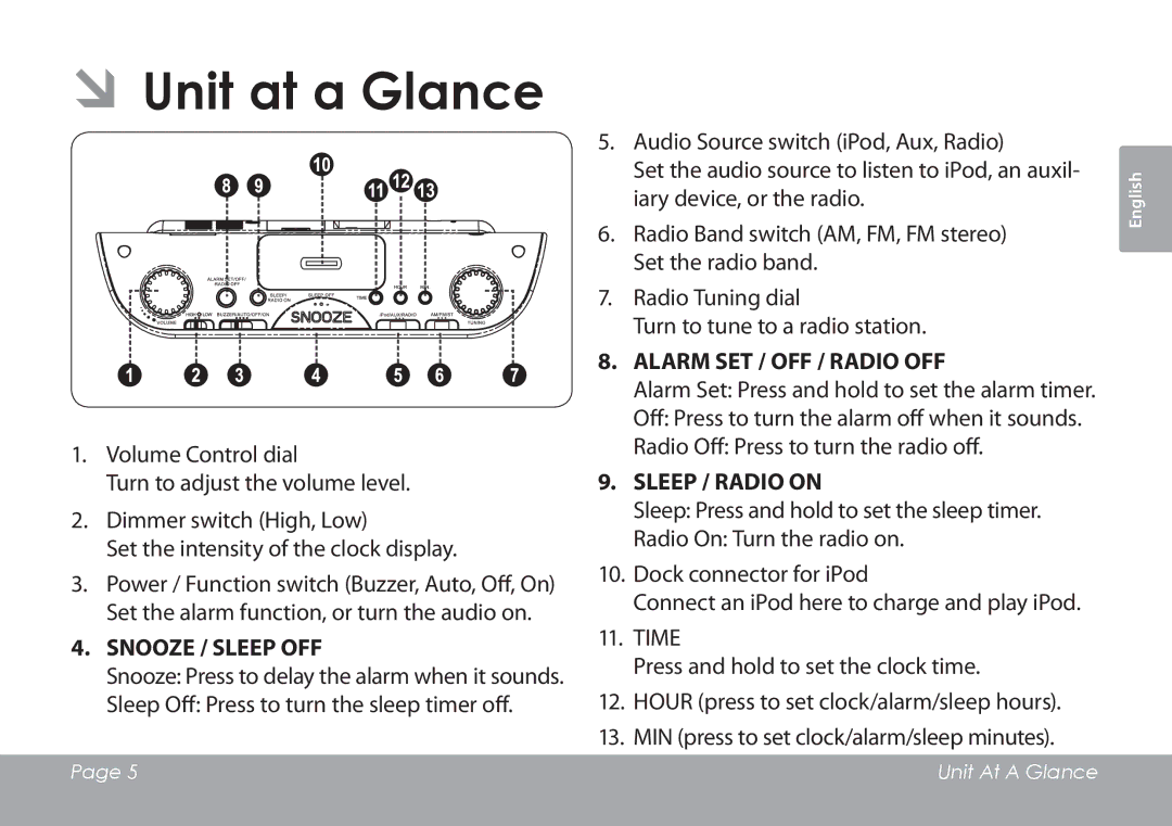 COBY electronic CSMP120 instruction manual ÂÂUnit at a Glance, Snooze / Sleep OFF 