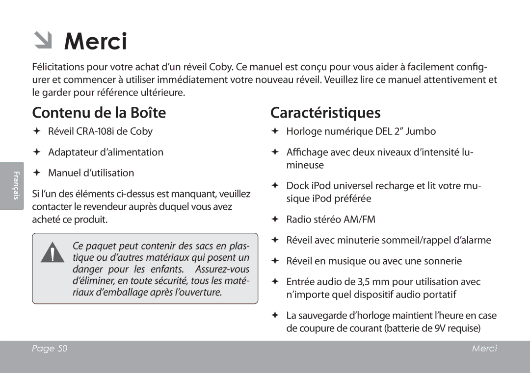 COBY electronic CSMP120 instruction manual ÂÂMerci, Contenu de la Boîte, Caractéristiques 