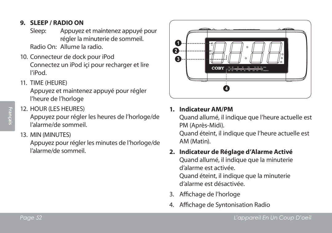 COBY electronic CSMP120 instruction manual Indicateur AM/PM 