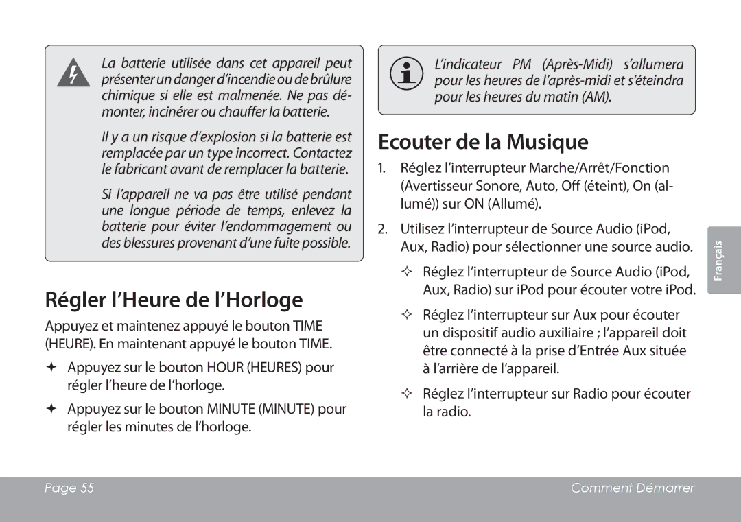 COBY electronic CSMP120 instruction manual Régler l’Heure de l’Horloge, Ecouter de la Musique 