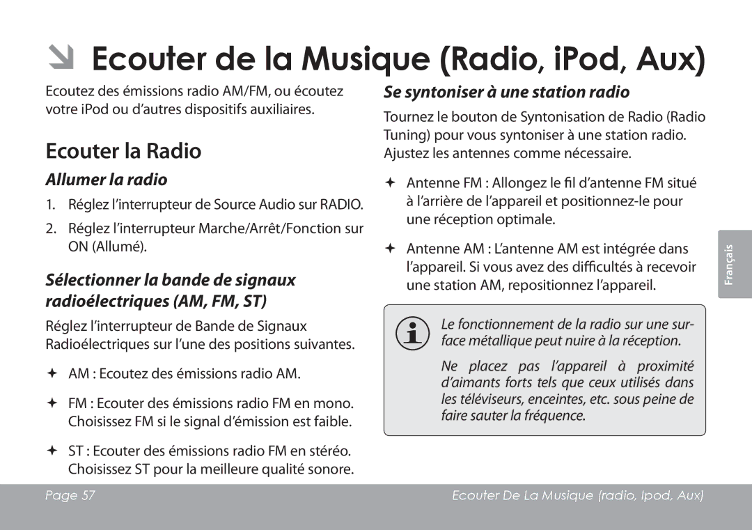 COBY electronic CSMP120 instruction manual Ecouter la Radio, Allumer la radio, Se syntoniser à une station radio 