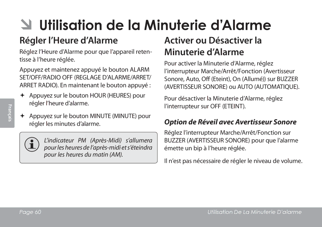 COBY electronic CSMP120 instruction manual ÂÂUtilisation de la Minuterie d’Alarme, Régler l’Heure d’Alarme 