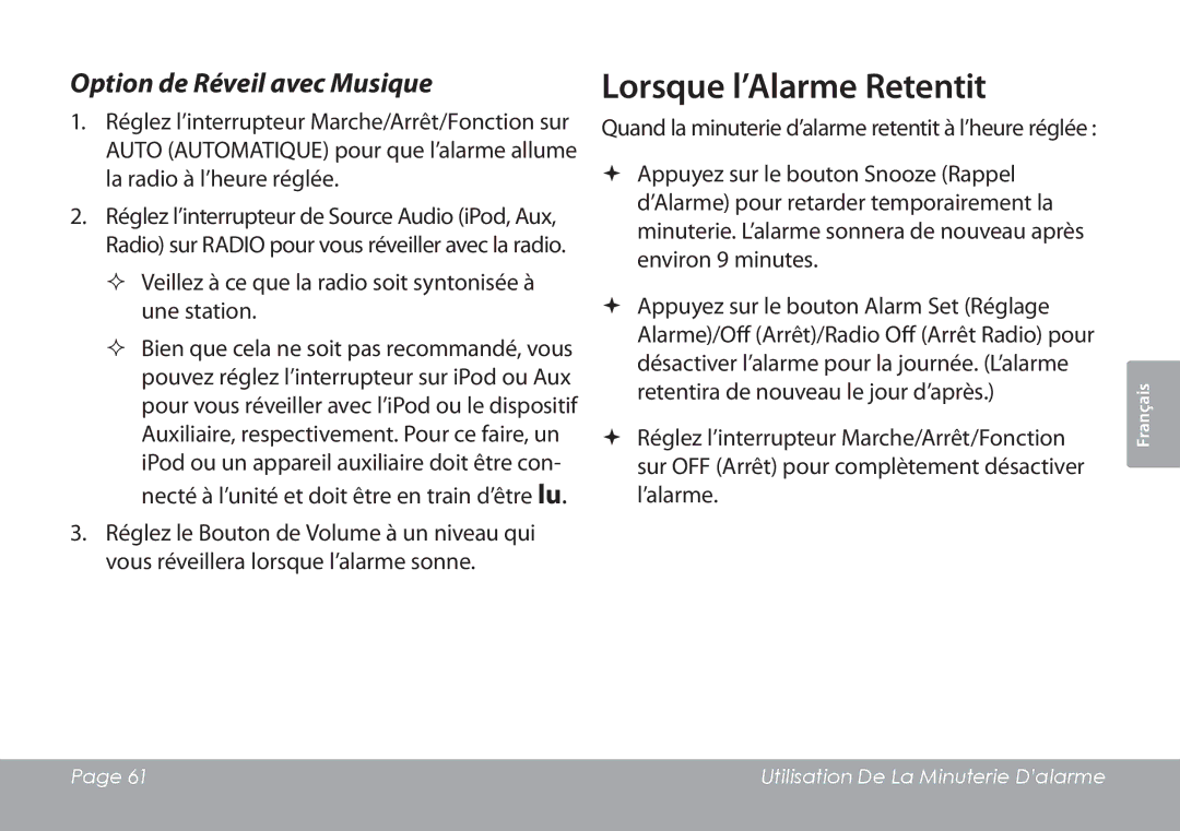 COBY electronic CSMP120 instruction manual Lorsque l’Alarme Retentit, Option de Réveil avec Musique 