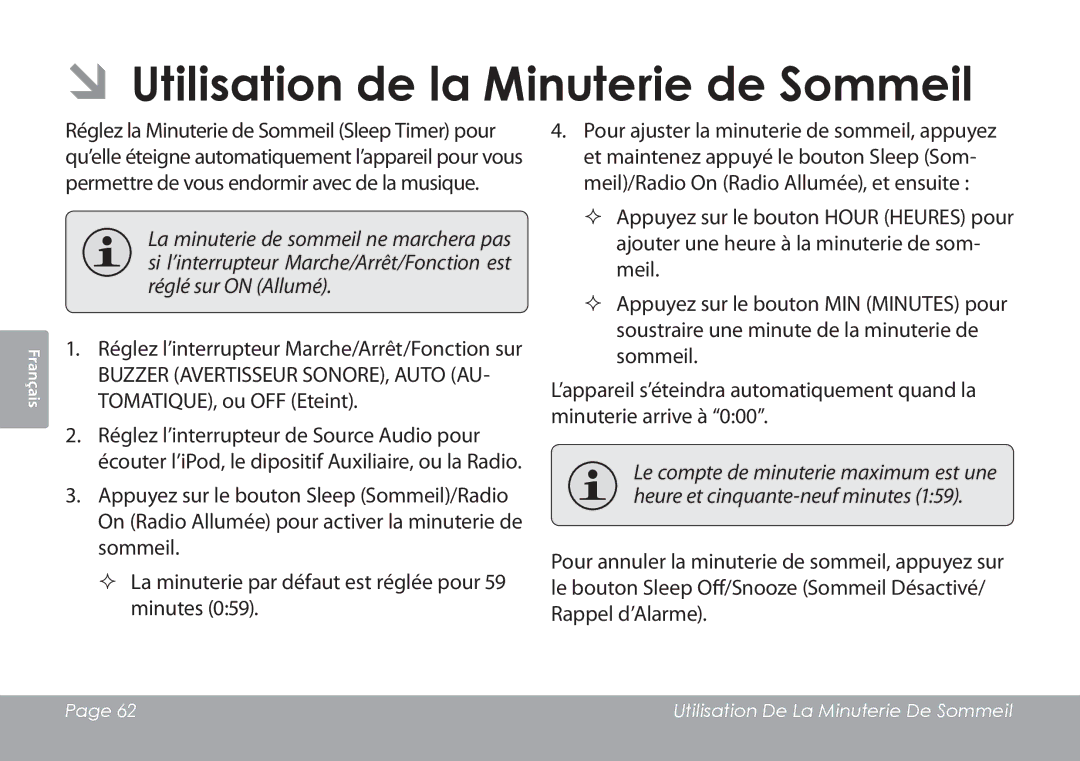 COBY electronic CSMP120 ÂÂUtilisation de la Minuterie de Sommeil, Réglez l’interrupteur Marche/Arrêt/Fonction sur 