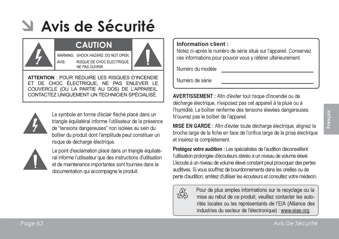 COBY electronic CSMP120 instruction manual ÂÂAvis de Sécurité, Information client 