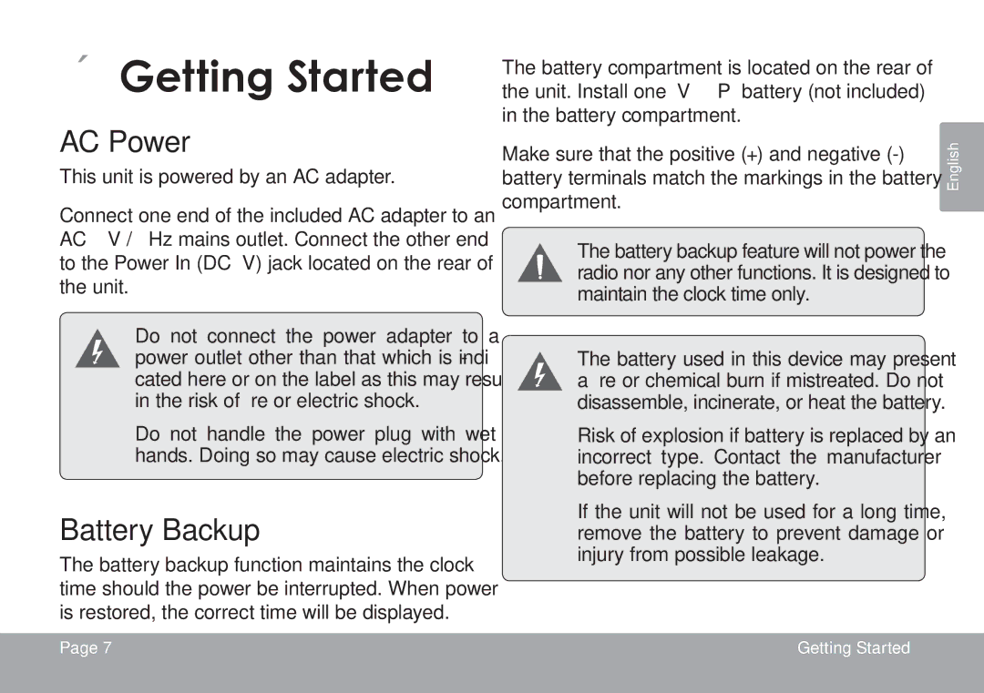 COBY electronic CSMP120 instruction manual ÂÂGetting Started, AC Power, Battery Backup 