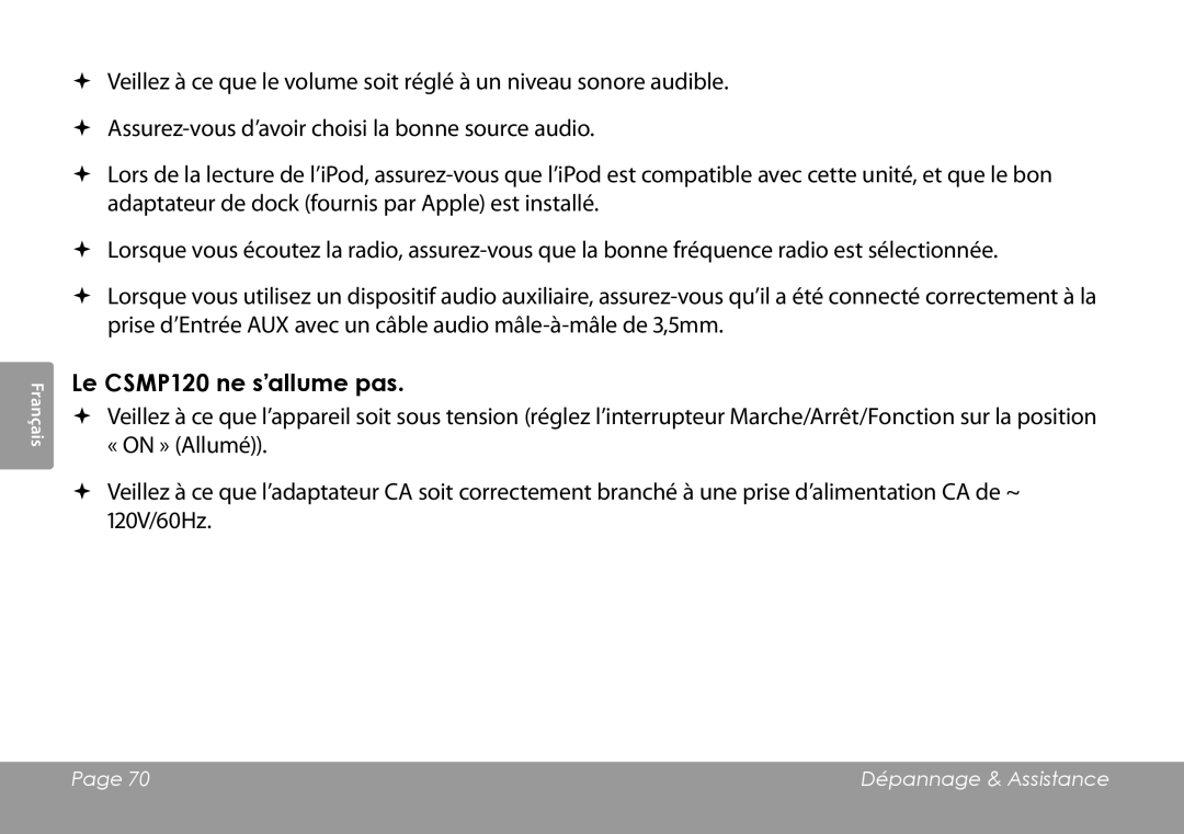 COBY electronic instruction manual Le CSMP120 ne s’allume pas 