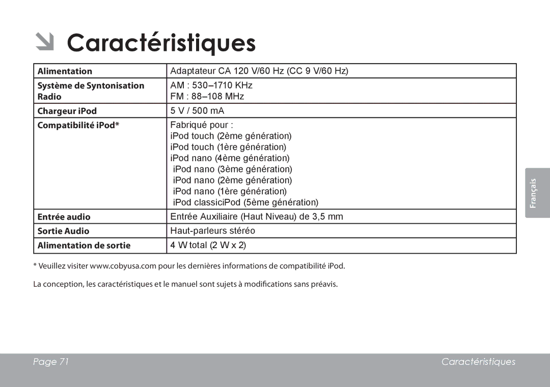 COBY electronic CSMP120 instruction manual ÂÂCaractéristiques, Compatibilité iPod 