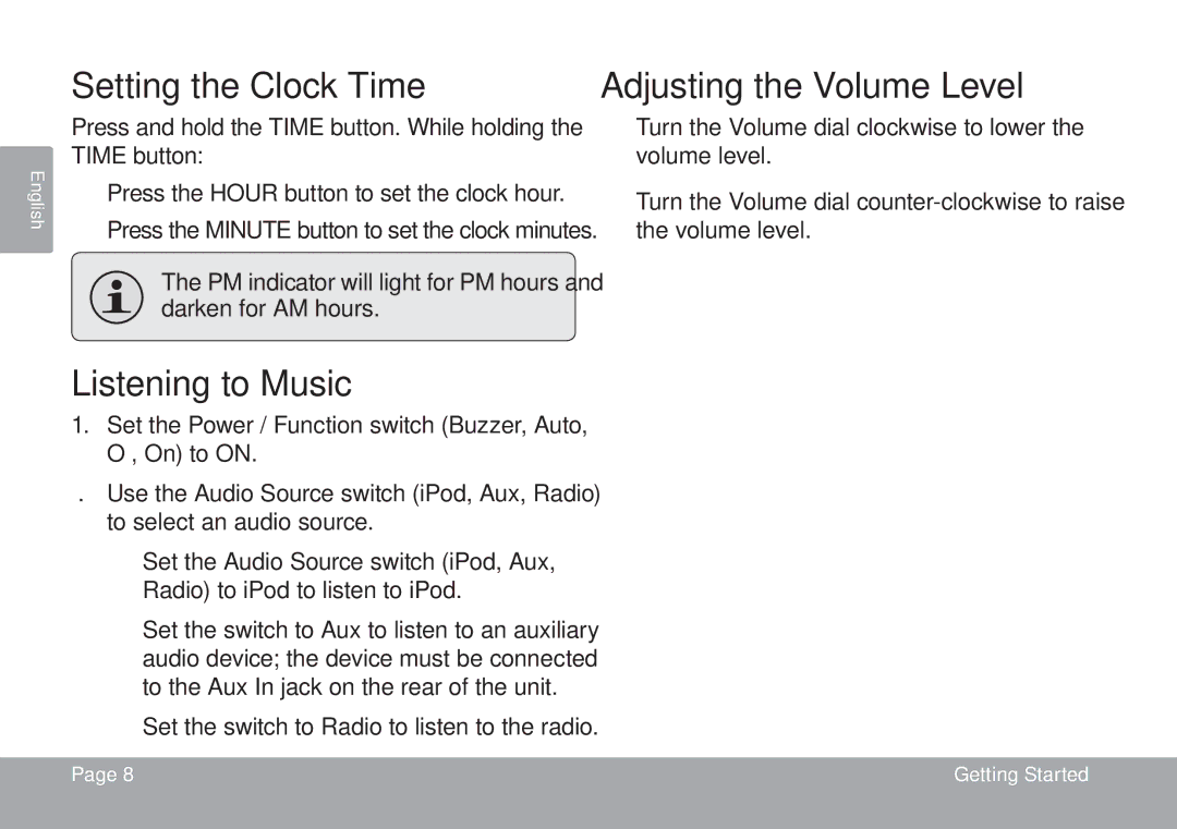 COBY electronic CSMP120 instruction manual Setting the Clock Time, Listening to Music, Adjusting the Volume Level 