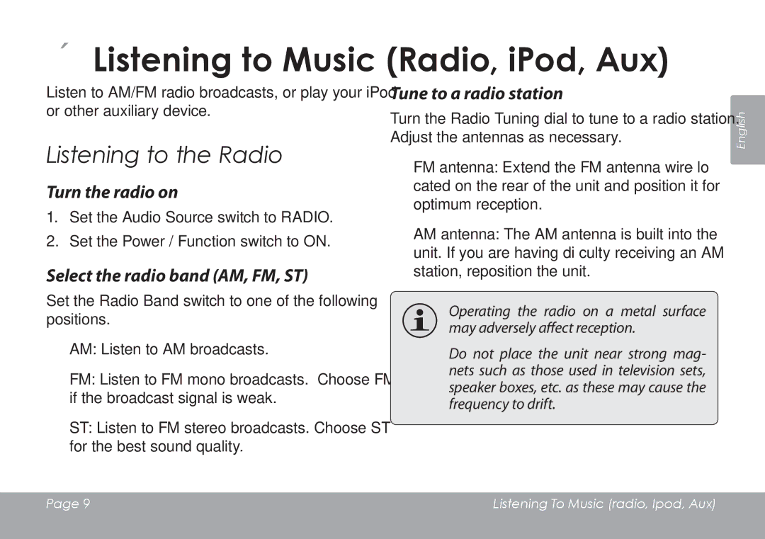 COBY electronic CSMP120 instruction manual ÂÂListening to Music Radio, iPod, Aux, Listening to the Radio, Turn the radio on 