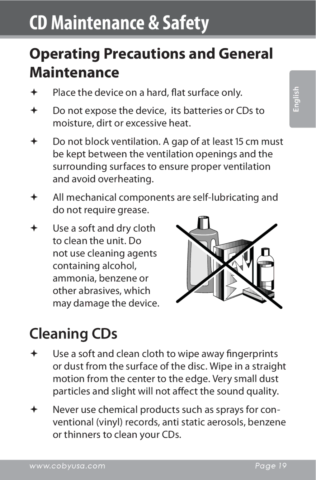 COBY electronic CSMP142 CD Maintenance & Safety, Operating Precautions and General Maintenance, Cleaning CDs 