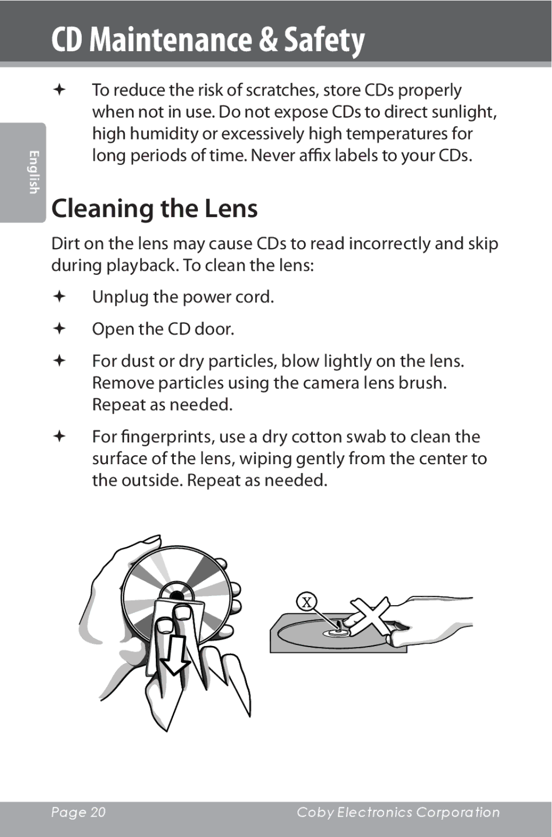 COBY electronic CSMP142 instruction manual Cleaning the Lens 