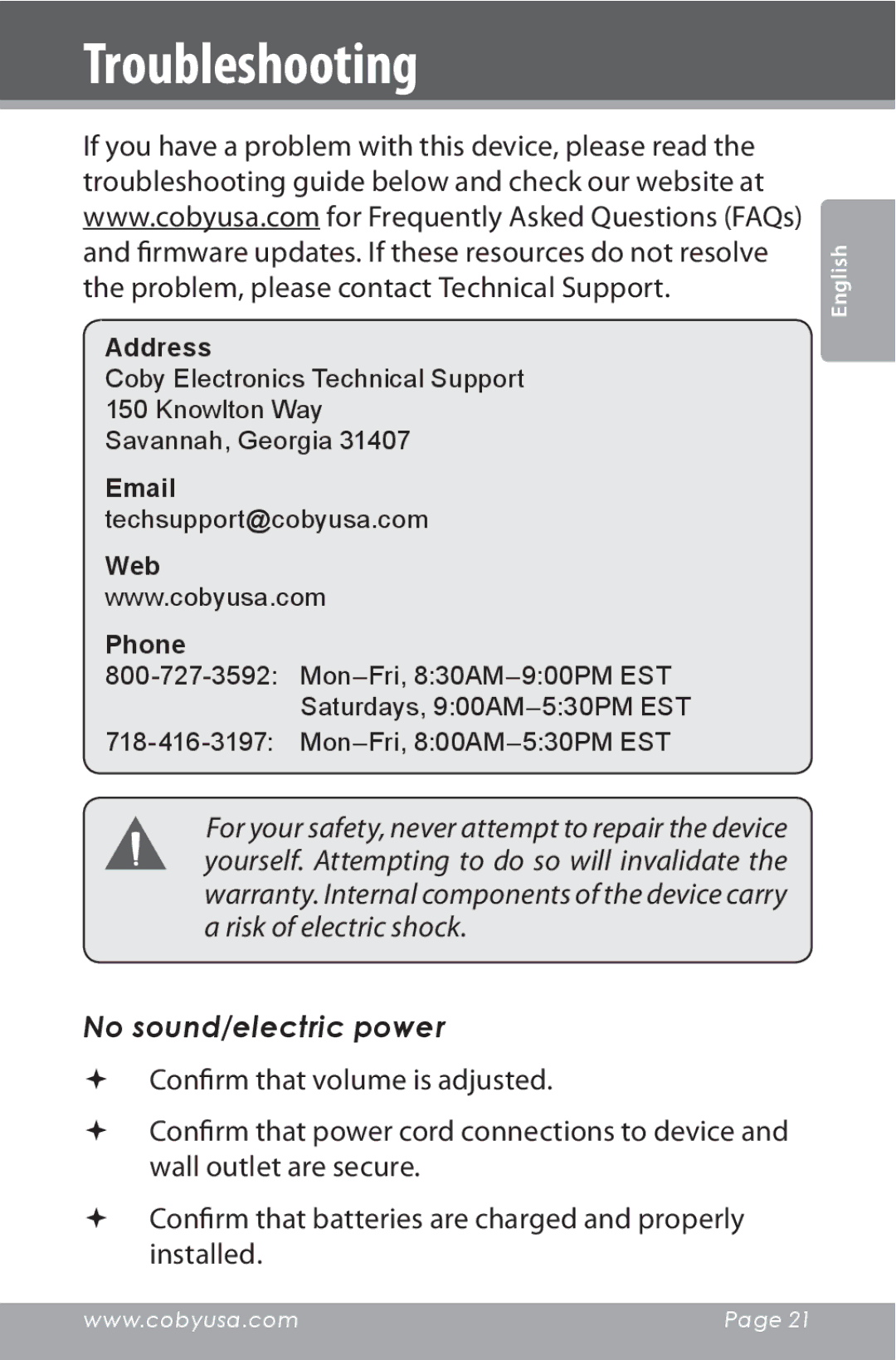 COBY electronic CSMP142 instruction manual Troubleshooting, No sound/electric power 