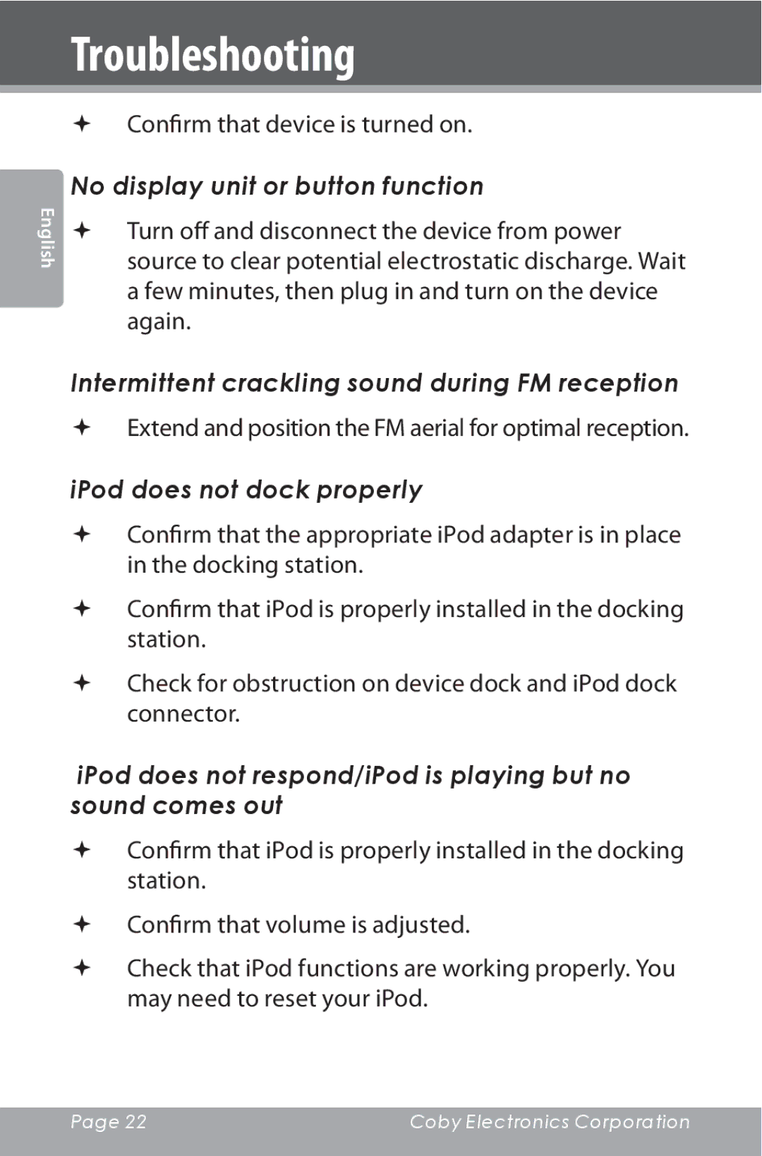 COBY electronic CSMP142 No display unit or button function, Intermittent crackling sound during FM reception 