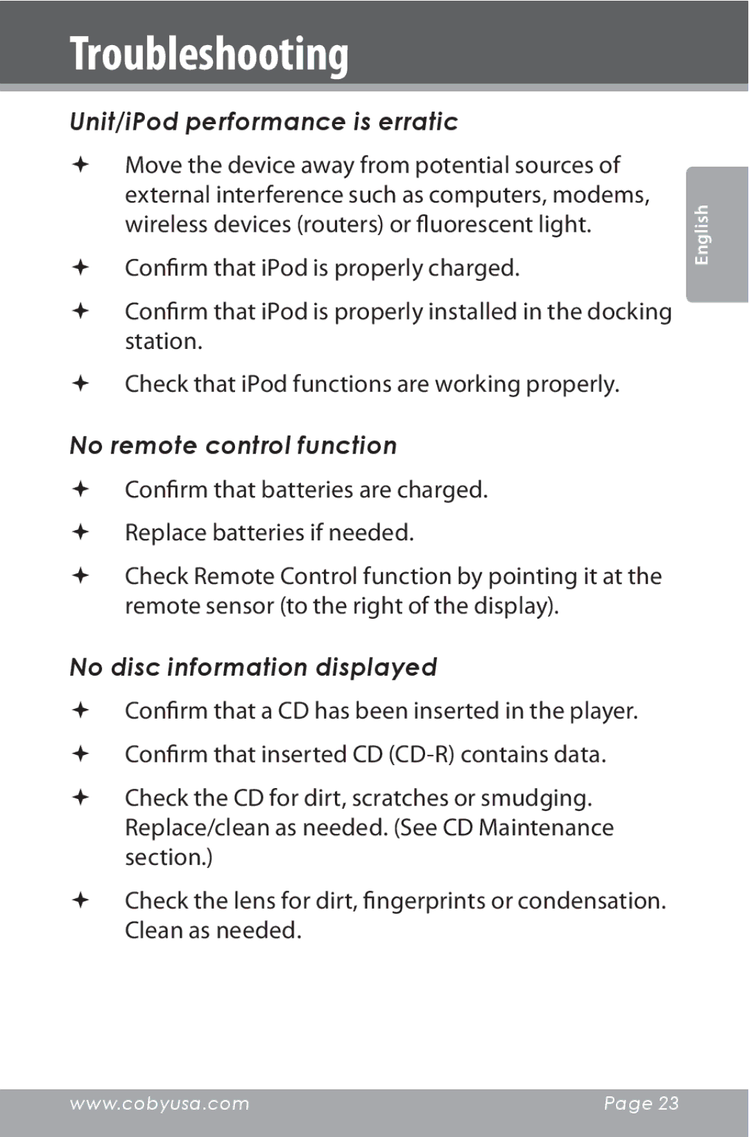 COBY electronic CSMP142 Unit/iPod performance is erratic, No remote control function, No disc information displayed 