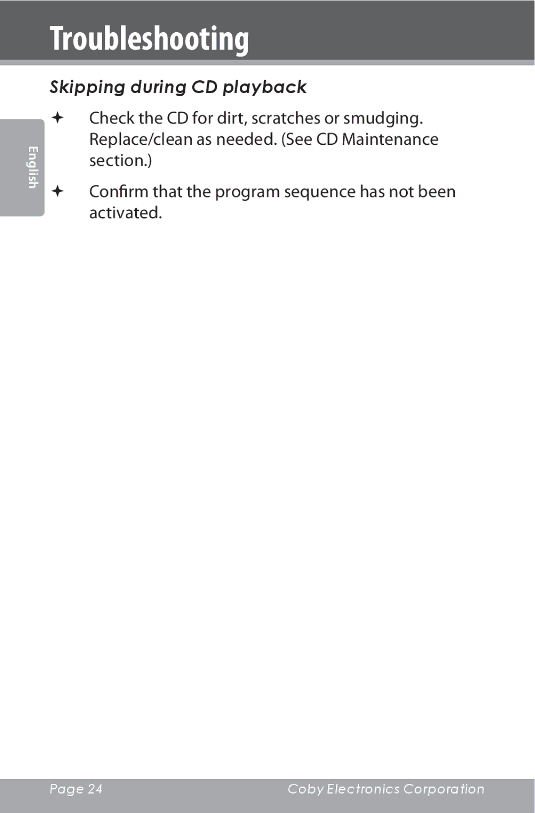 COBY electronic CSMP142 instruction manual Skipping during CD playback 