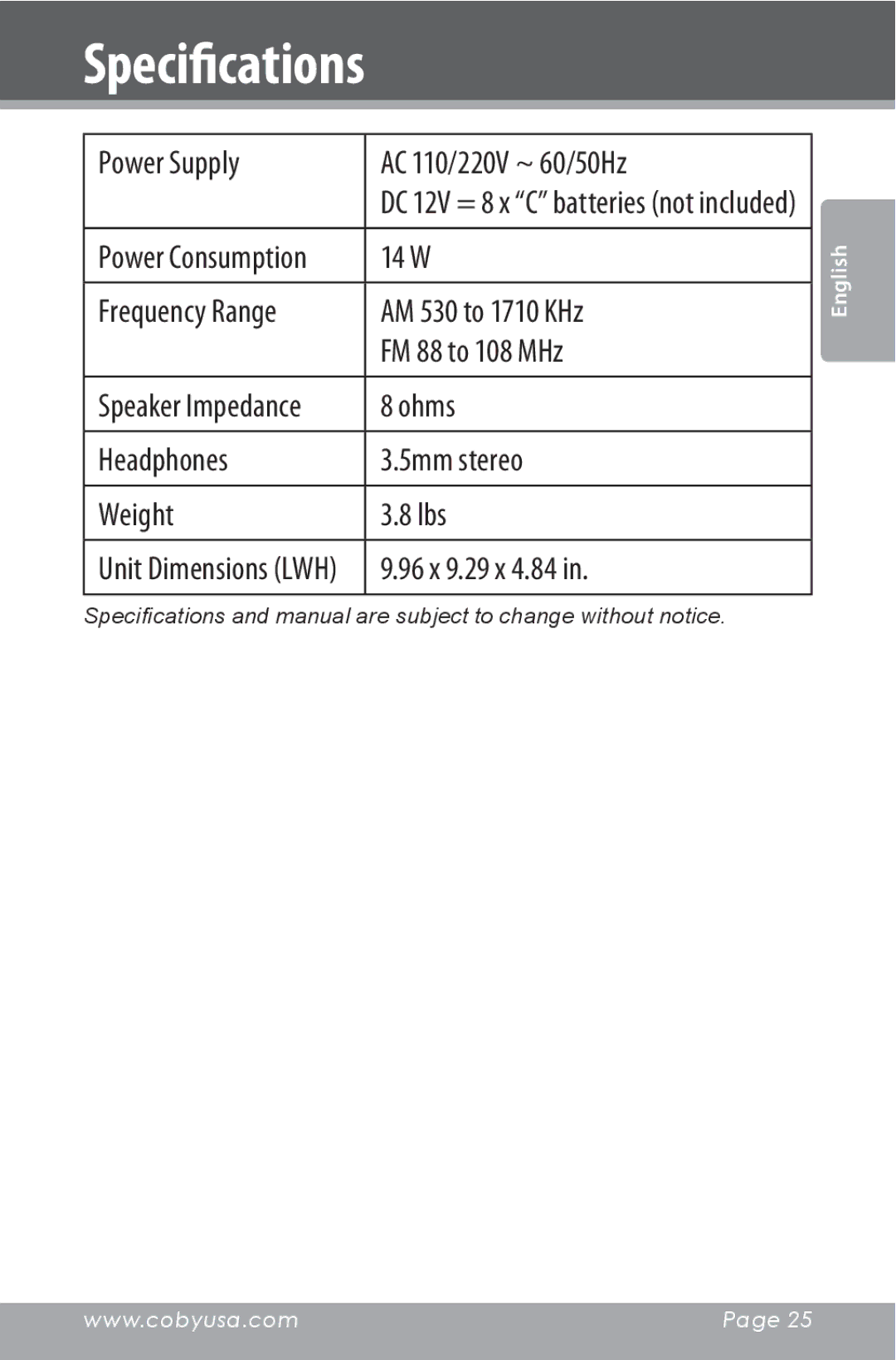 COBY electronic CSMP142 instruction manual Specifications 