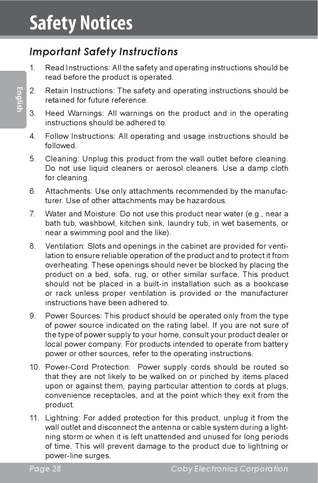 COBY electronic CSMP142 instruction manual Important Safety Instructions 