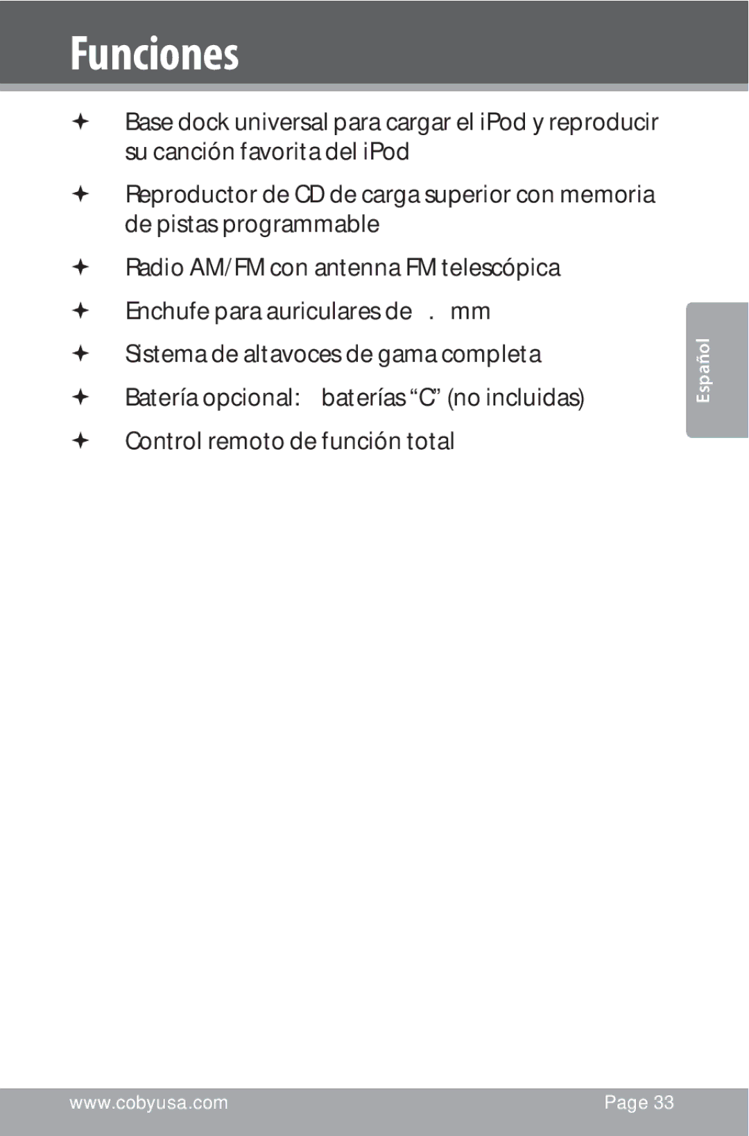 COBY electronic CSMP142 instruction manual Funciones 