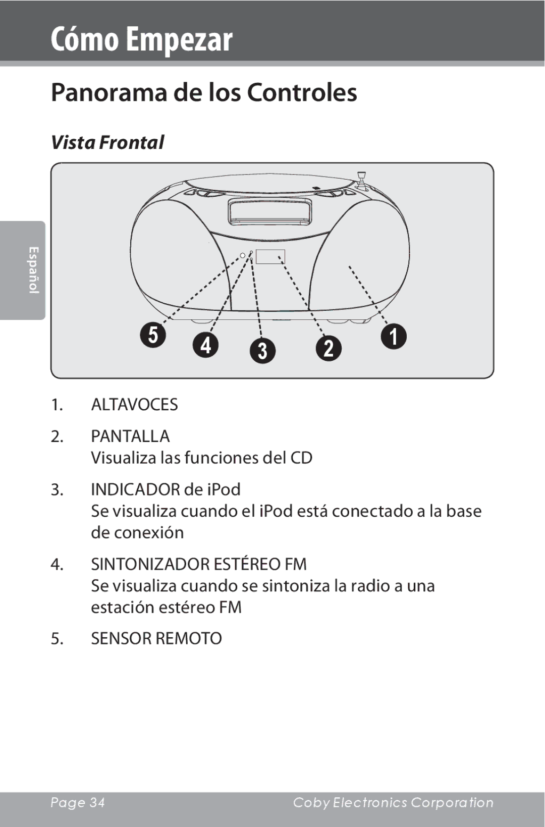 COBY electronic CSMP142 instruction manual Cómo Empezar, Panorama de los Controles, Vista Frontal 