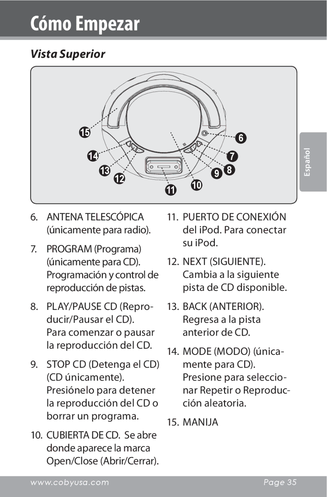 COBY electronic CSMP142 instruction manual Vista Superior, Puerto DE Conexión del iPod. Para conectar su iPod 