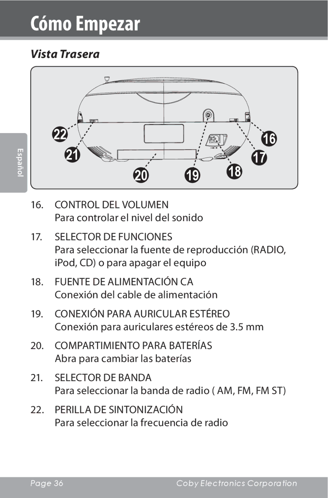 COBY electronic CSMP142 instruction manual Vista Trasera, Selector DE Funciones 