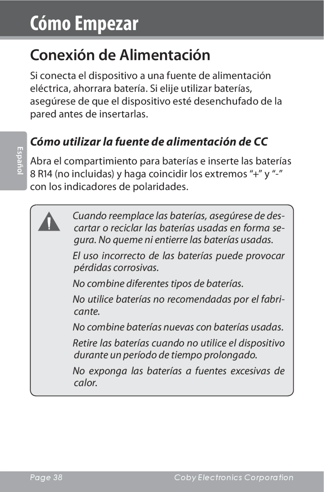 COBY electronic CSMP142 instruction manual Conexión de Alimentación, Cómo utilizar la fuente de alimentación de CC 