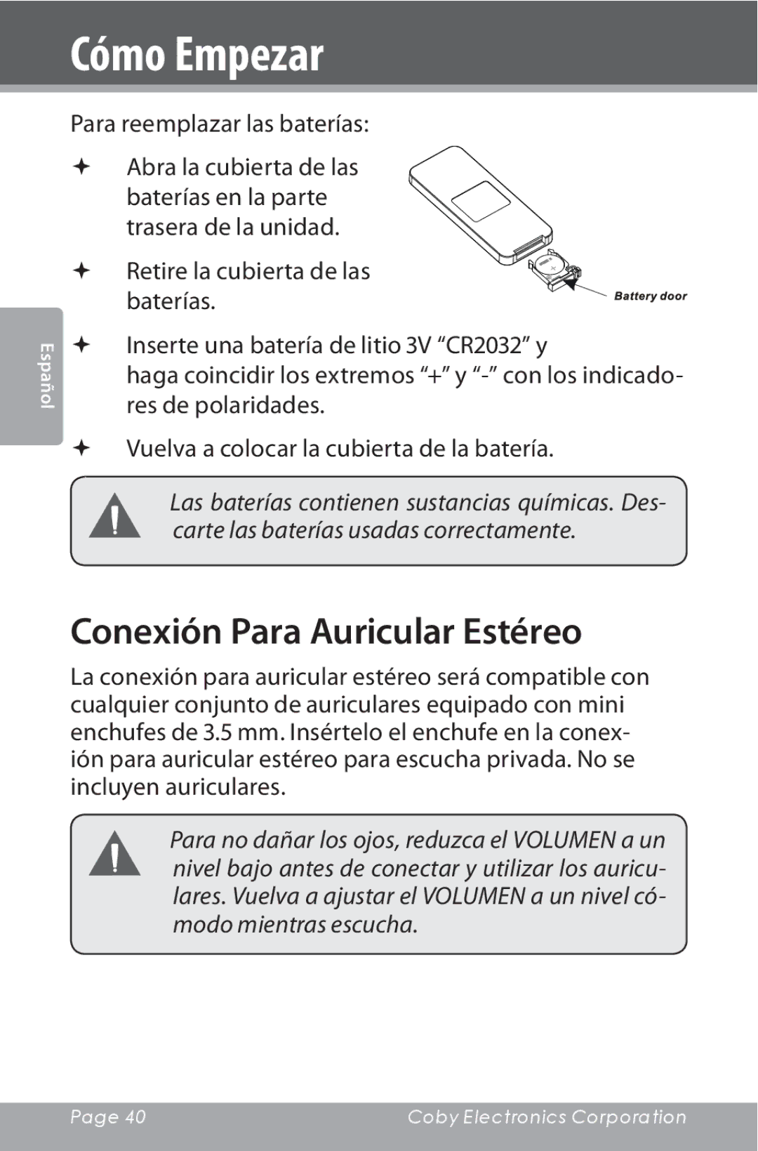 COBY electronic CSMP142 instruction manual Conexión Para Auricular Estéreo 