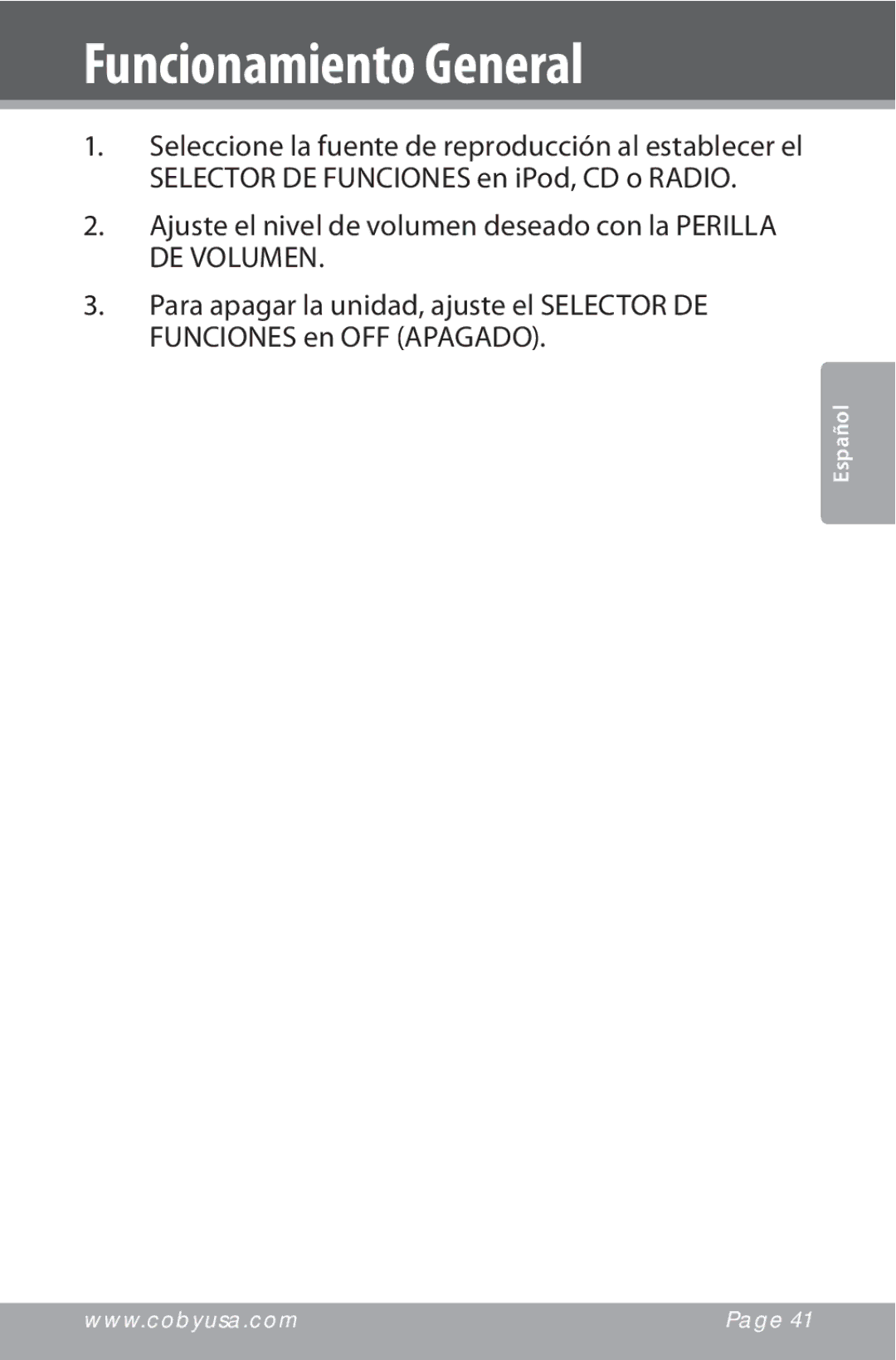 COBY electronic CSMP142 instruction manual Funcionamiento General 