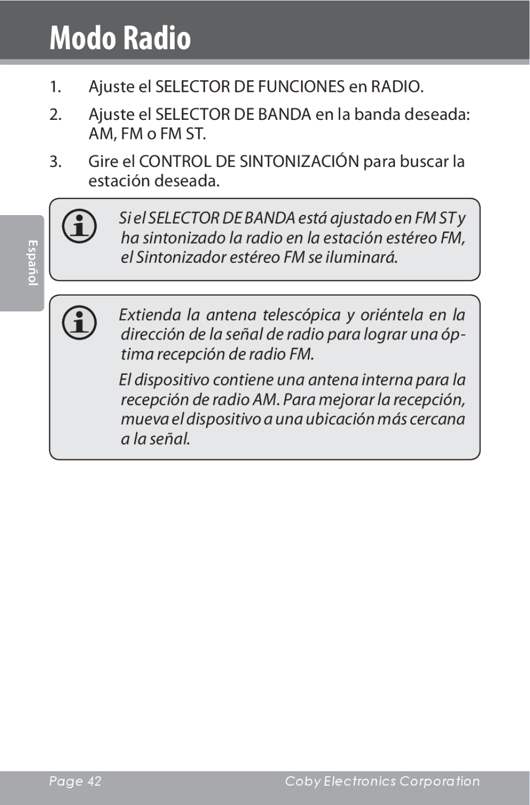 COBY electronic CSMP142 instruction manual Modo Radio 