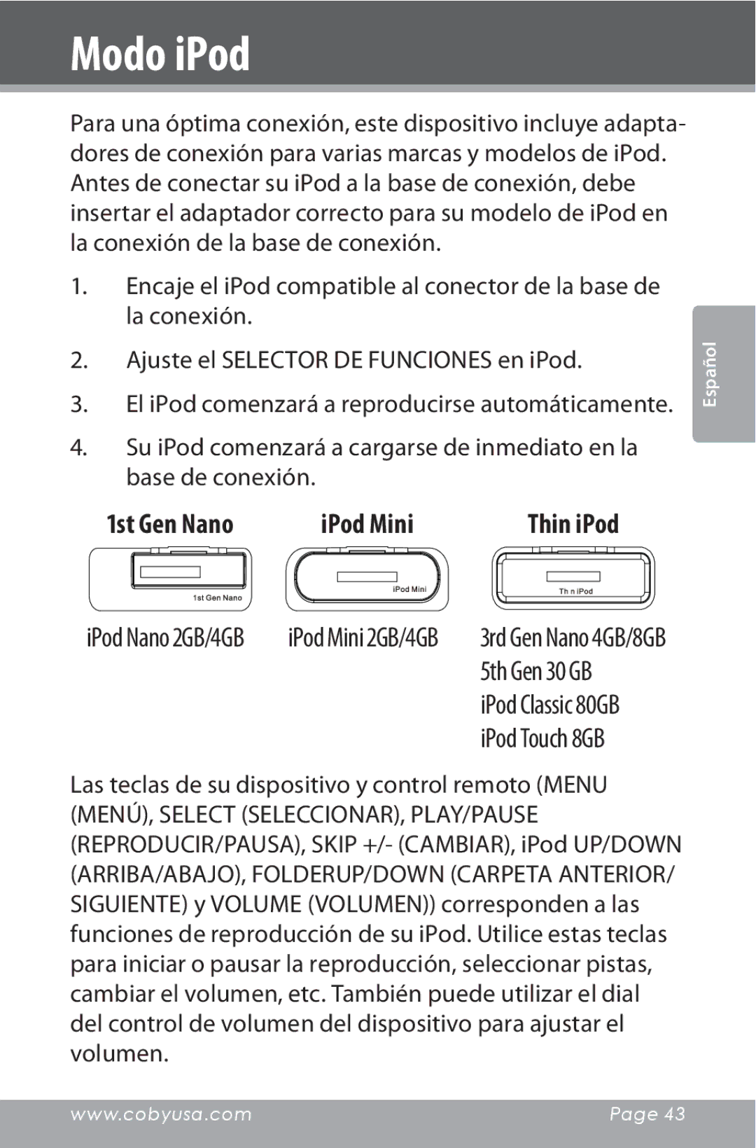 COBY electronic CSMP142 instruction manual Modo iPod, Las teclas de su dispositivo y control remoto Menu 