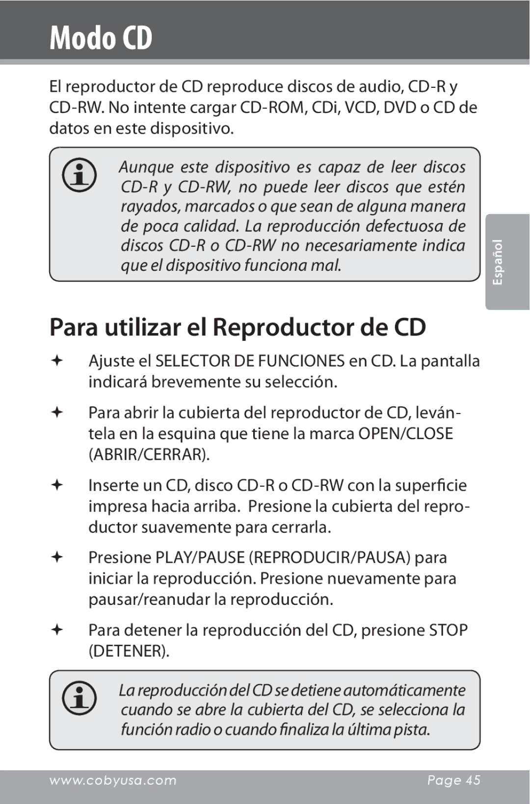 COBY electronic CSMP142 instruction manual Modo CD, Para utilizar el Reproductor de CD 