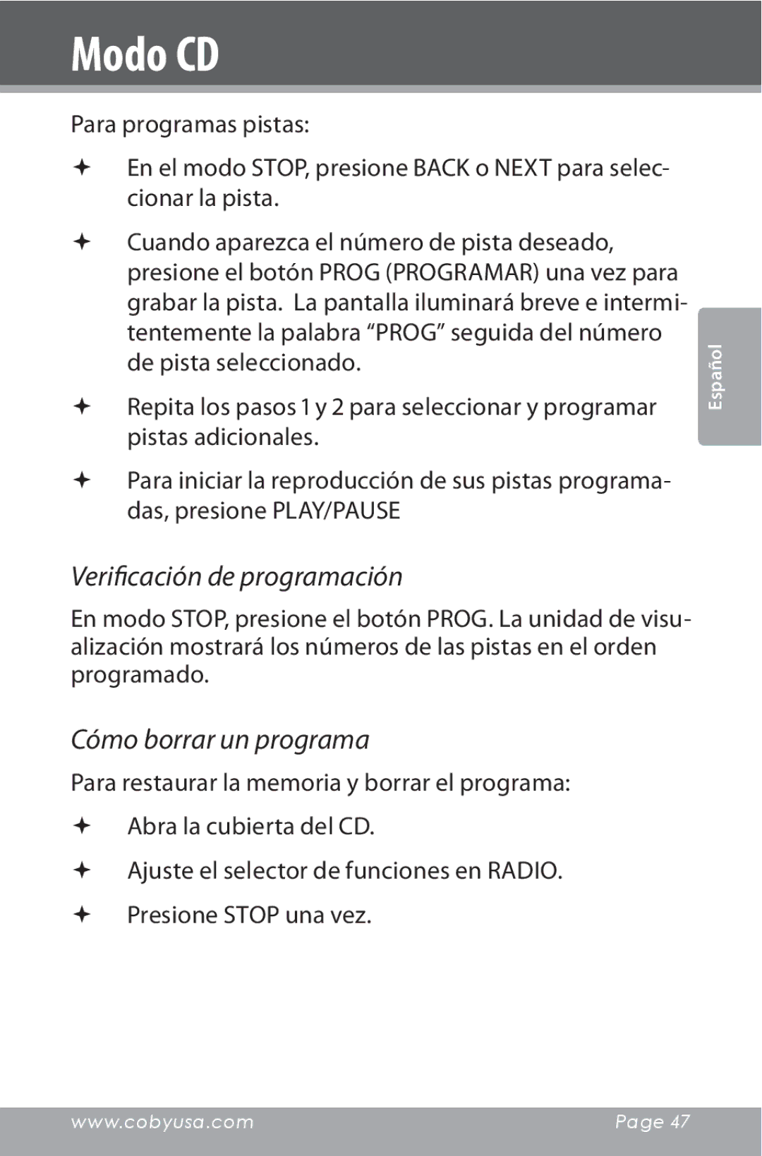 COBY electronic CSMP142 instruction manual Verificación de programación 