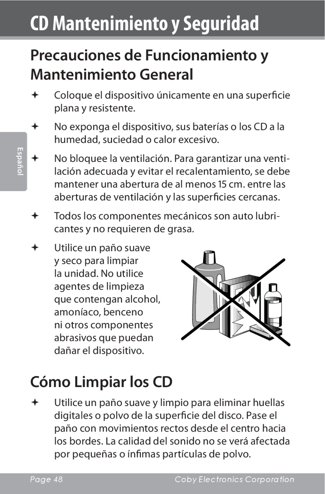 COBY electronic CSMP142 instruction manual CD Mantenimiento y Seguridad, Cómo Limpiar los CD 