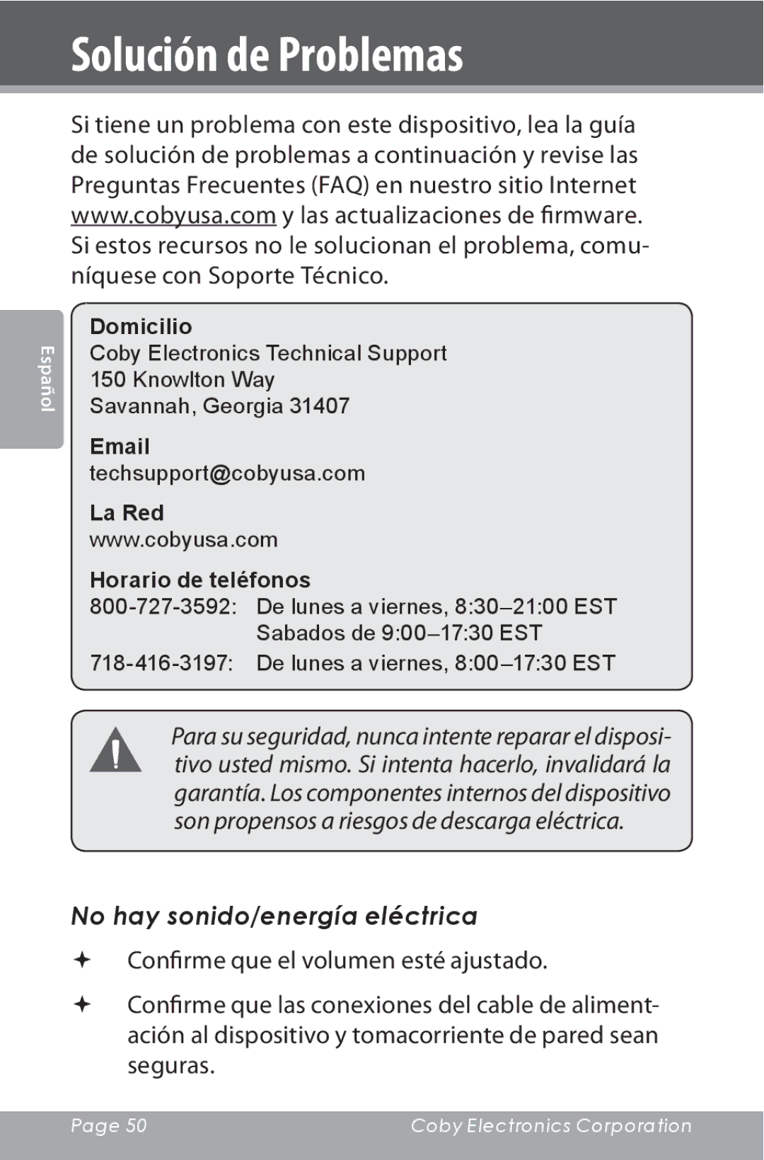 COBY electronic CSMP142 instruction manual Solución de Problemas, No hay sonido/energía eléctrica 