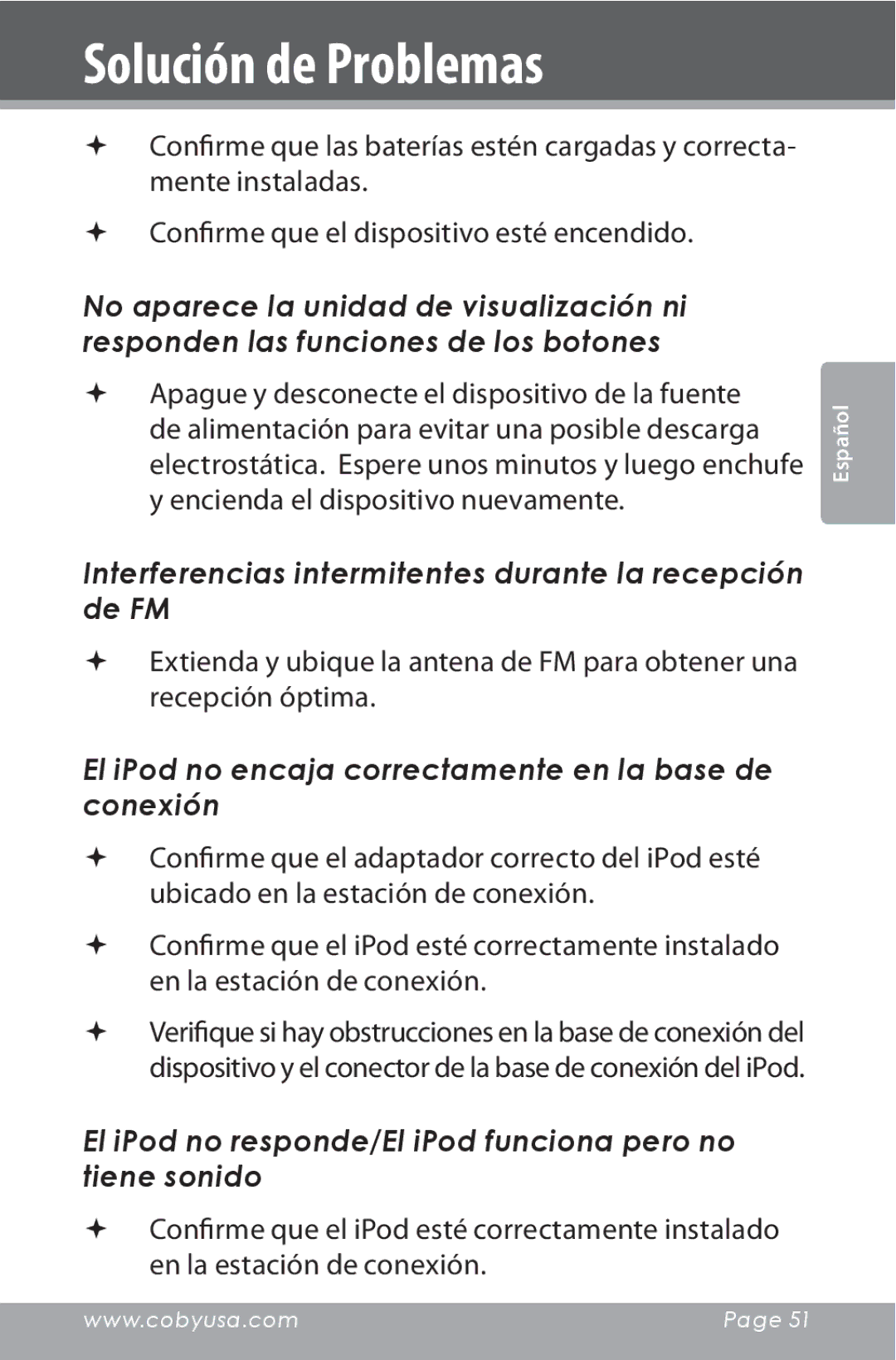 COBY electronic CSMP142 instruction manual Interferencias intermitentes durante la recepción de FM 