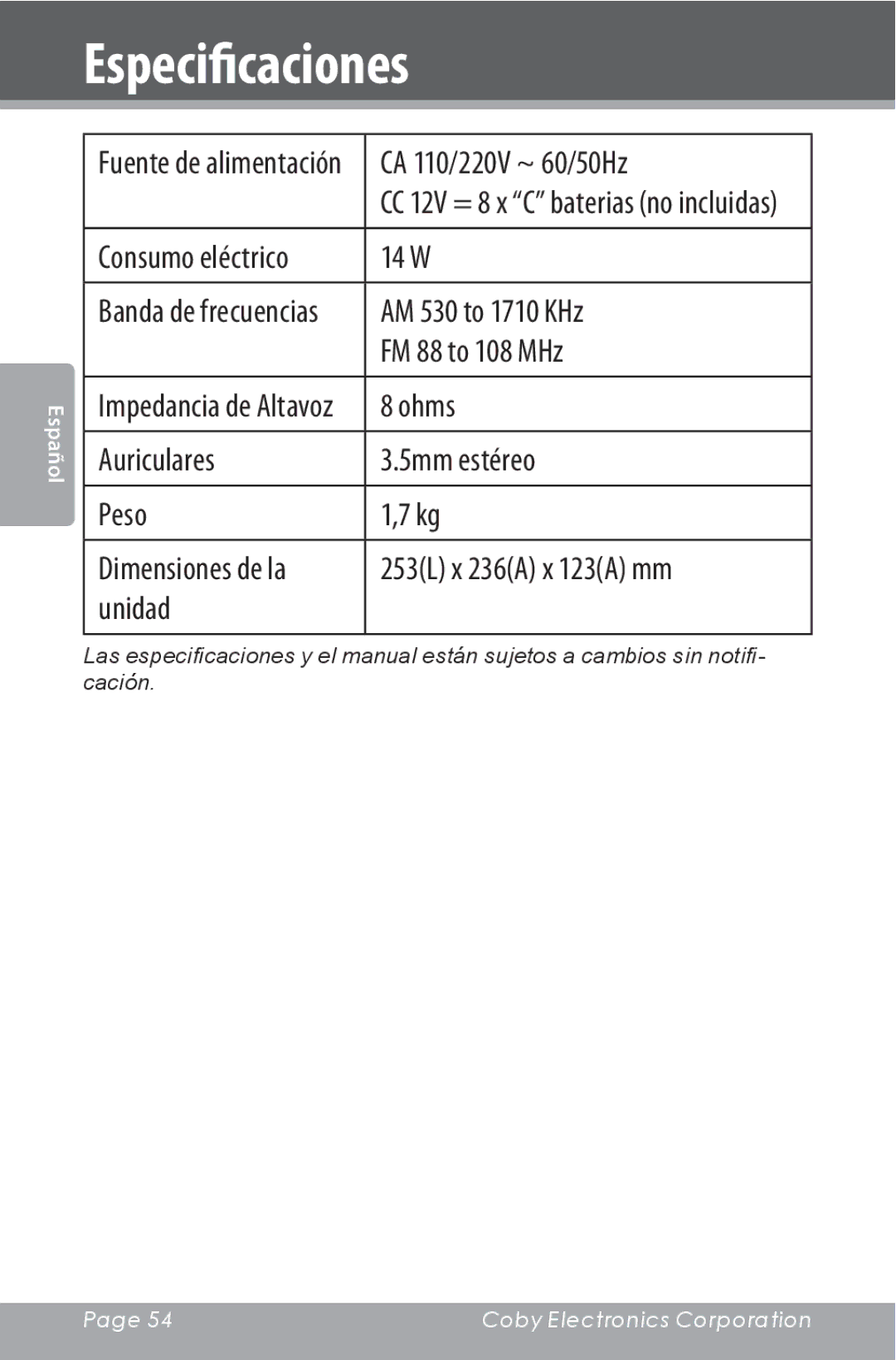 COBY electronic CSMP142 instruction manual Especificaciones, Unidad 