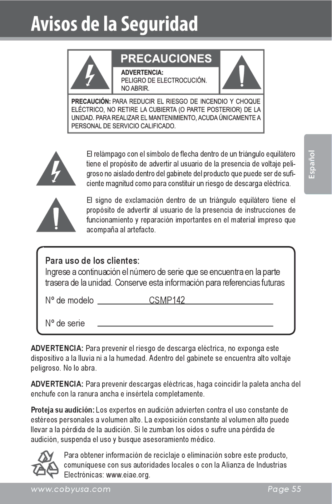 COBY electronic CSMP142 instruction manual Avisos de la Seguridad, Para uso de los clientes 